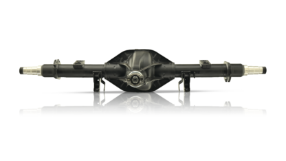 Heavy-duty rear axle for 2017-2022 Ford F-450SD and F-550SD. Features a black powder-coated finish, precision-machined spindle ends, and factory-style mounting brackets for durability and direct fitment.