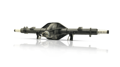 Heavy-duty rear axle for 2017-2022 Ford F-450SD and F-550SD. Features a black powder-coated finish, precision-machined spindle ends, and factory-style mounting brackets for durability and direct fitment.