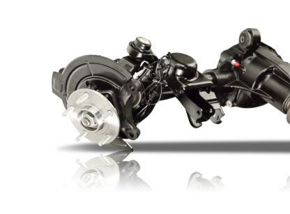 Jeep Wrangler Dana 30 front axle assembly, featuring a complete differential housing, axle shafts, brake components, and mounting brackets. Designed for durability and off-road performance.