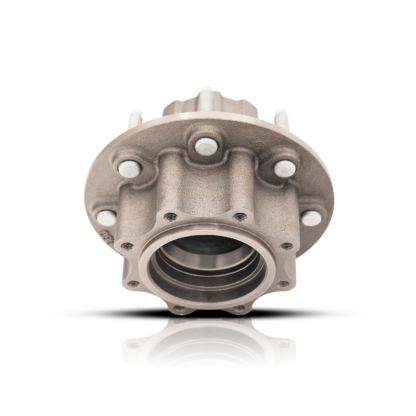 Grey metal wheel hub with studs and races