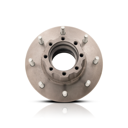 Grey metal wheel hub with studs and races