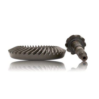 A ring gear and pinion set with a sleek drop shadow and reflective surface, showcasing its precision-engineered design and metallic finish.