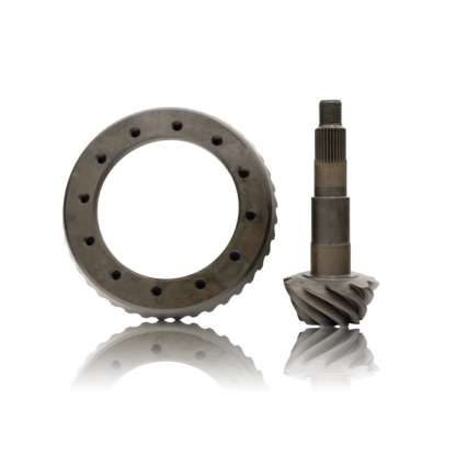 A ring gear and pinion set with a sleek drop shadow and reflective surface, showcasing its precision-engineered design and metallic finish.