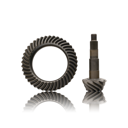A ring gear and pinion set with a sleek drop shadow and reflective surface, showcasing its precision-engineered design and metallic finish.