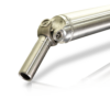 Rear driveshaft assembly for 2013-2018 Dodge Ram 3500 pickups. Constructed from high-strength aluminum with precision-welded universal joints for durability and performance. Features a polished finish and factory-style yokes for direct fitment.
